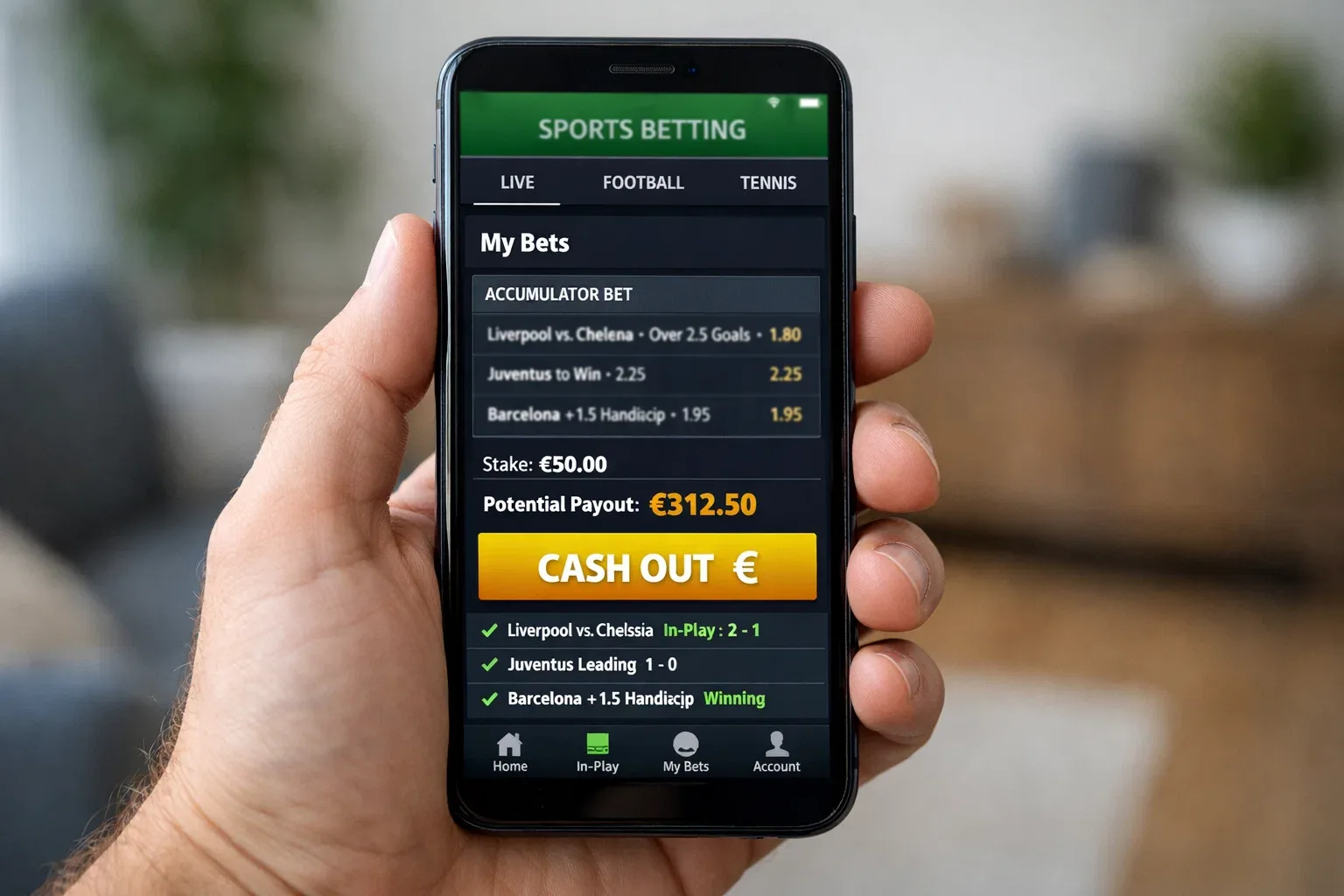 Smartphone con app di scommesse sportive in mano