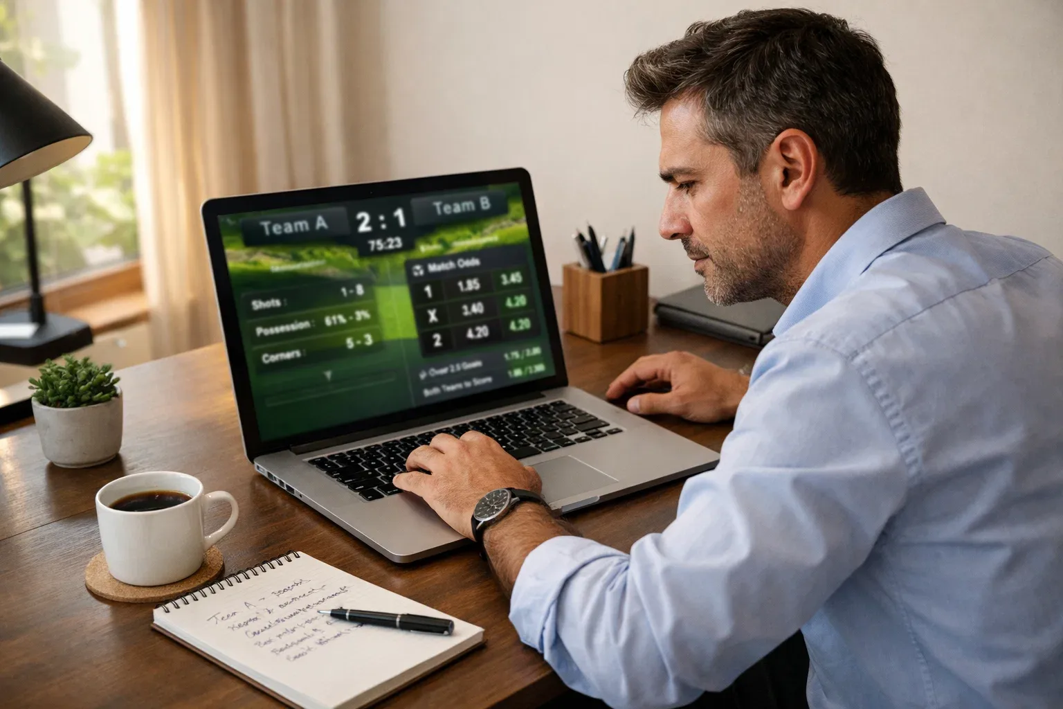 Persona che analizza quote calcistiche su laptop con appunti