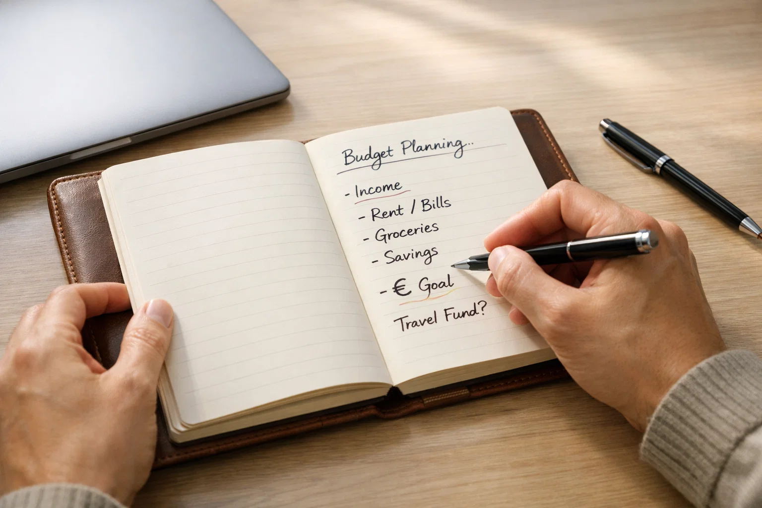 Persona che scrive budget su blocco note con simbolo euro