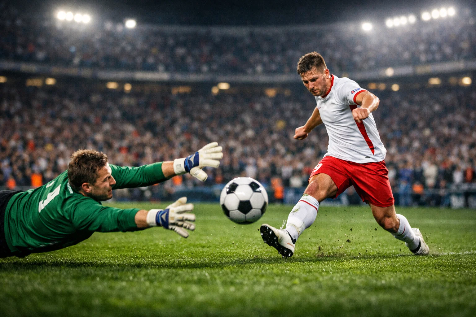 Momento decisivo di una partita di calcio con pubblico sullo sfondo