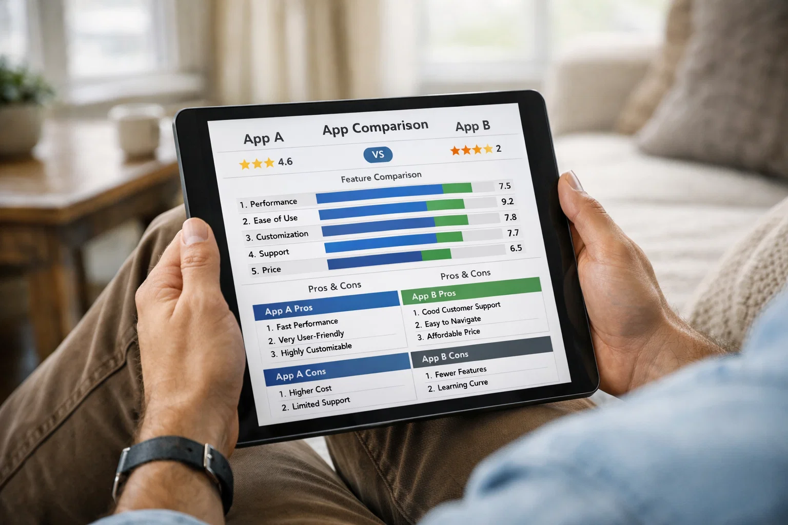 Persona che confronta diverse app di scommesse su tablet