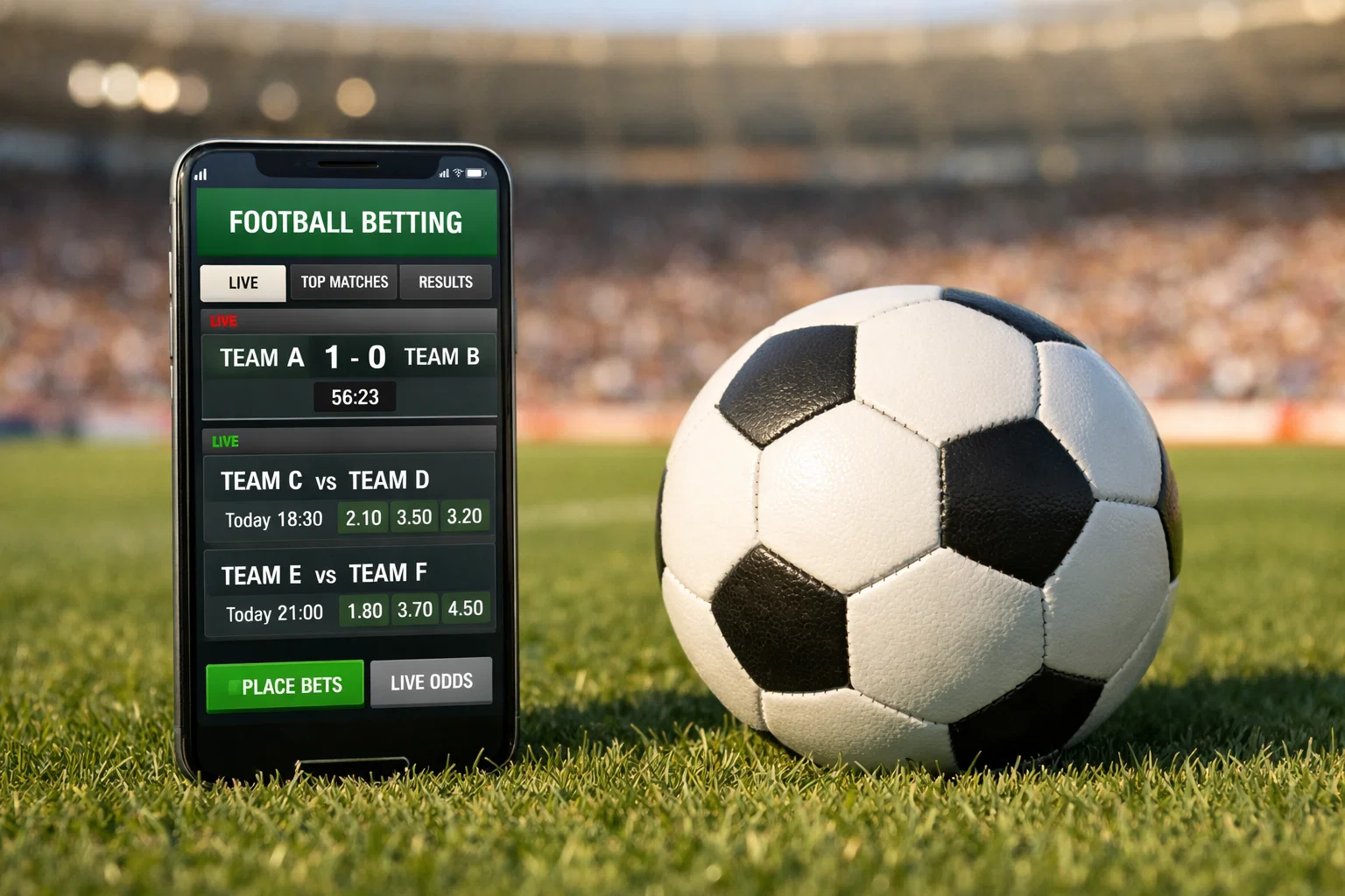 Smartphone con app scommesse calcio e pallone da calcio