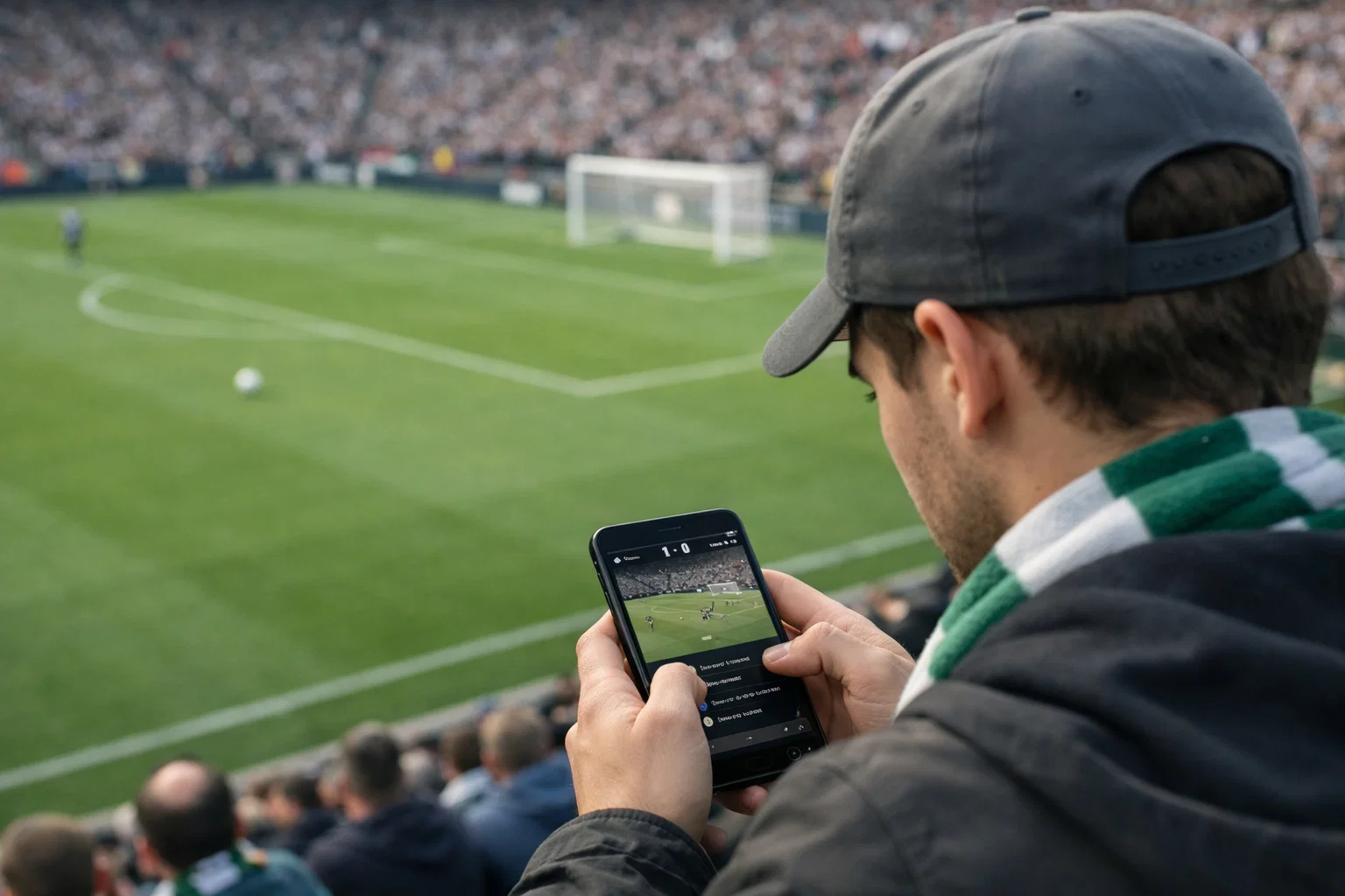 Scommesse live su smartphone durante partita di calcio in stadio