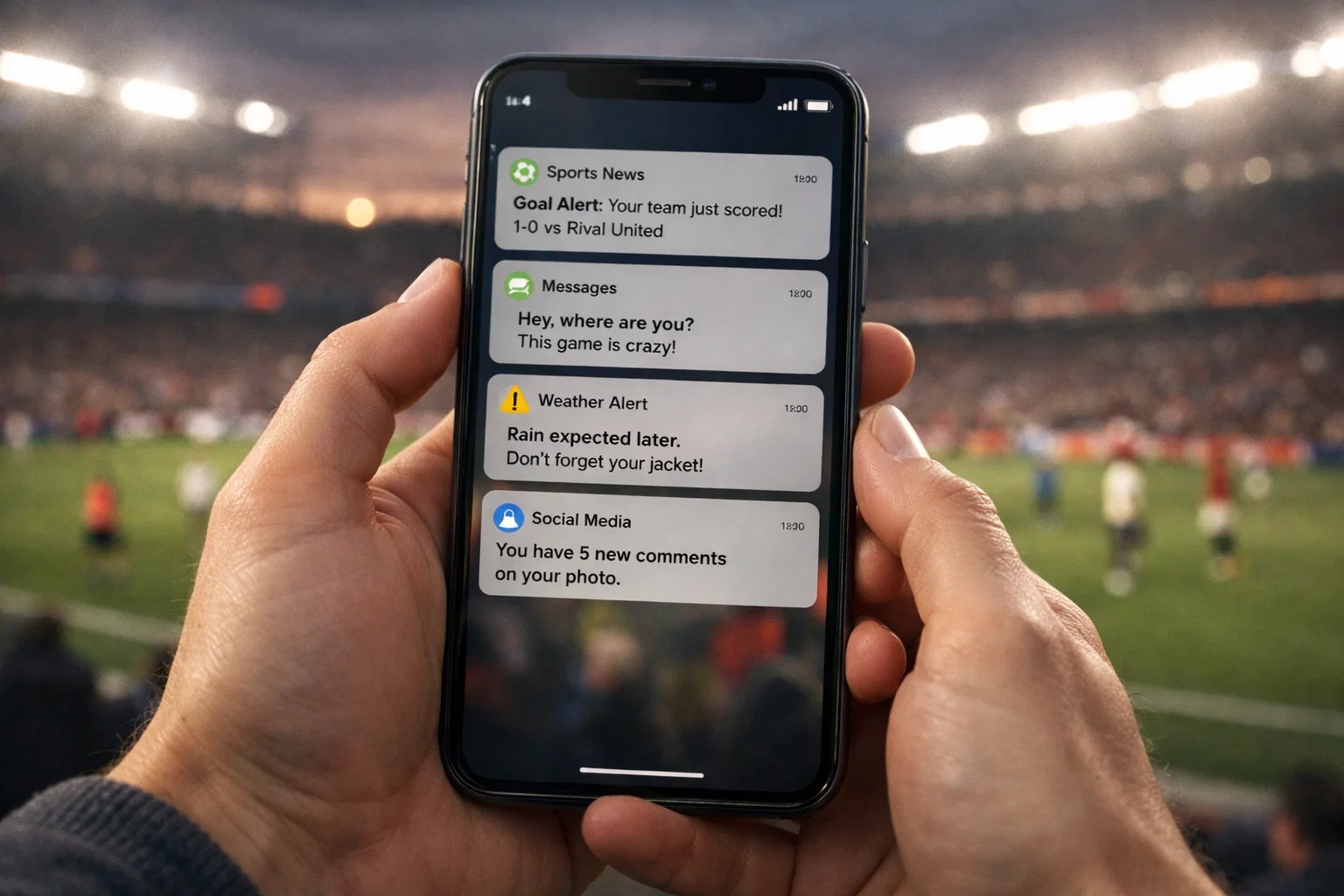 Notifiche push su smartphone durante partita di calcio