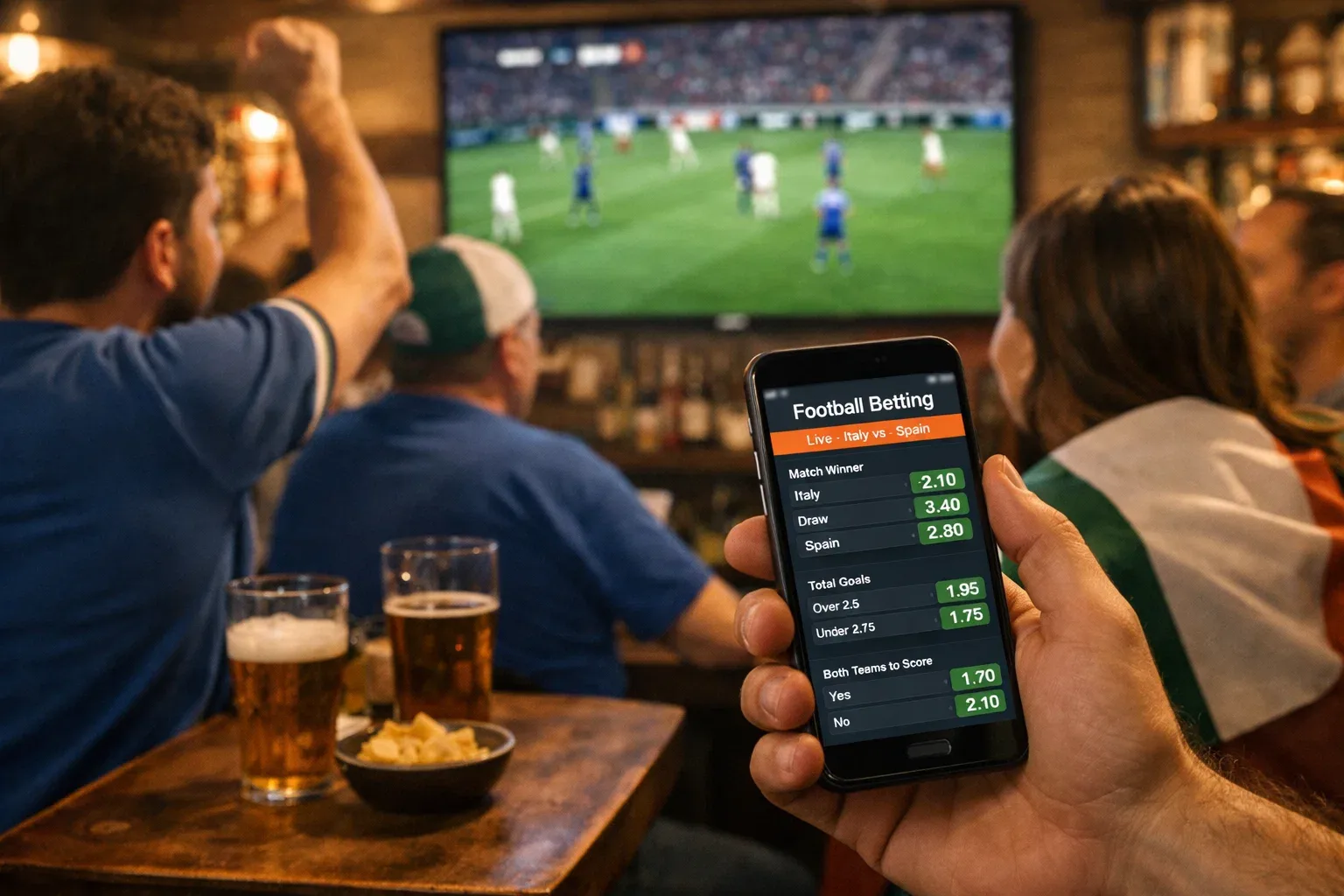 Tifosi che guardano partita di calcio e controllano quote su smartphone
