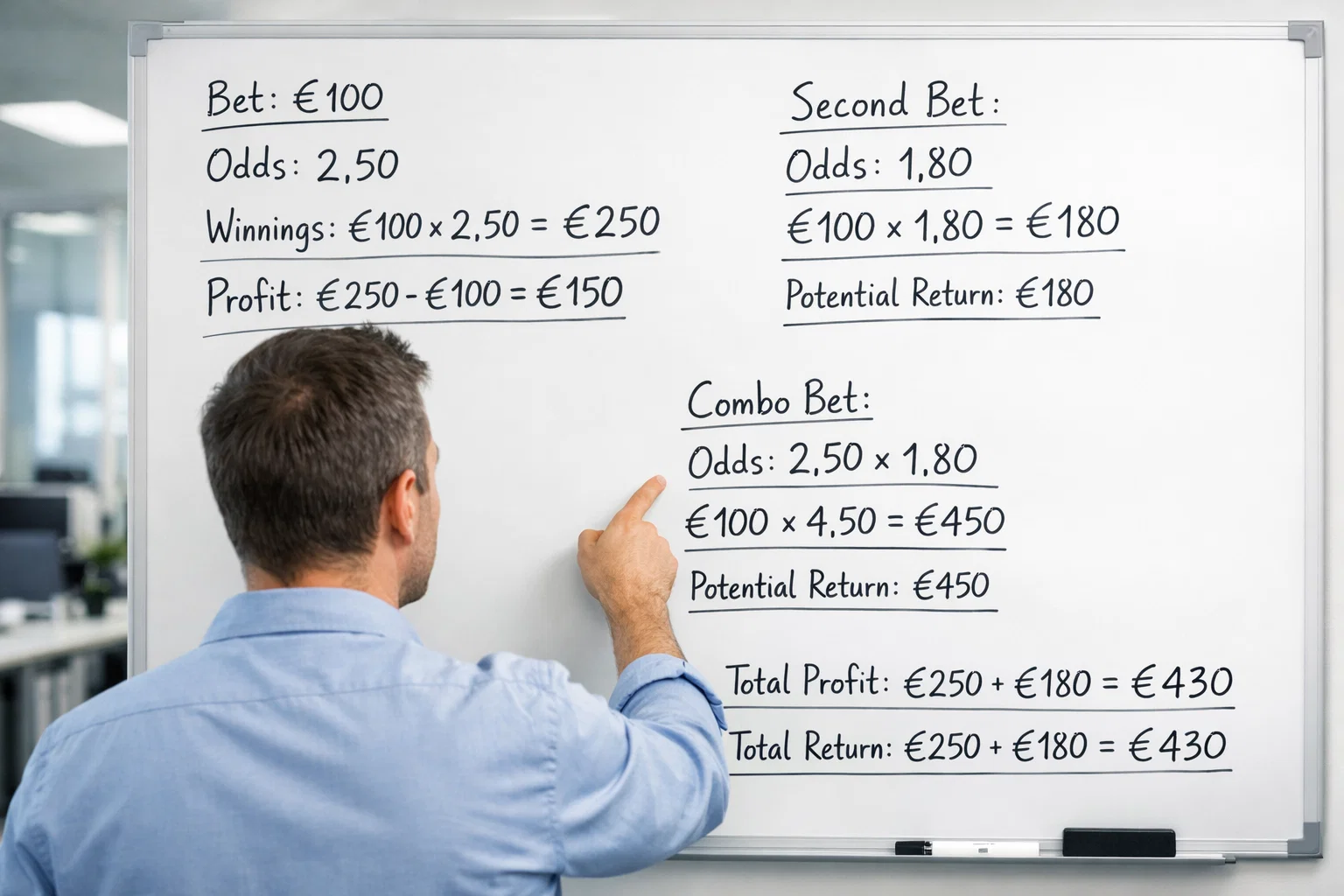 Lavagna con quote decimali e calcoli delle vincite