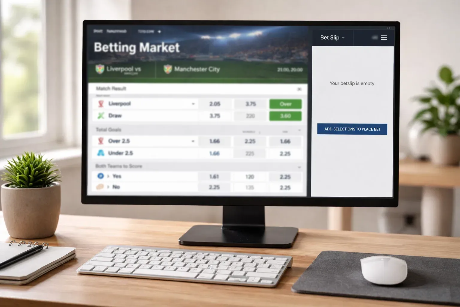 Schermo con diversi mercati scommesse calcio 1X2 over under