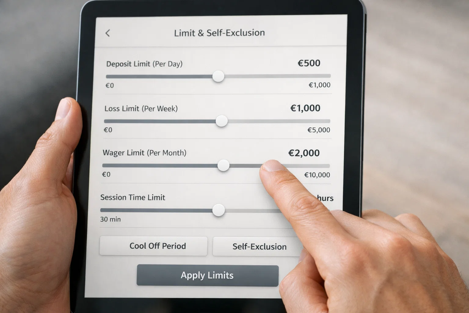 Interfaccia con limiti di deposito e opzioni autoesclusione