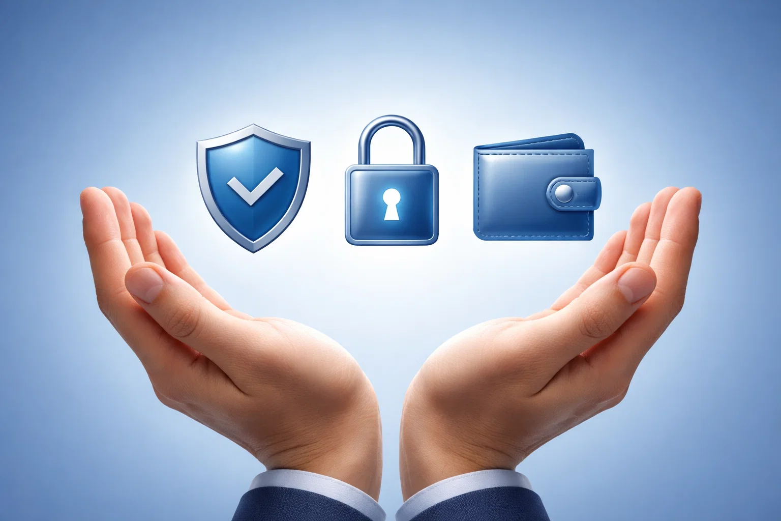 Mani che proteggono icone di dati personali e portafoglio