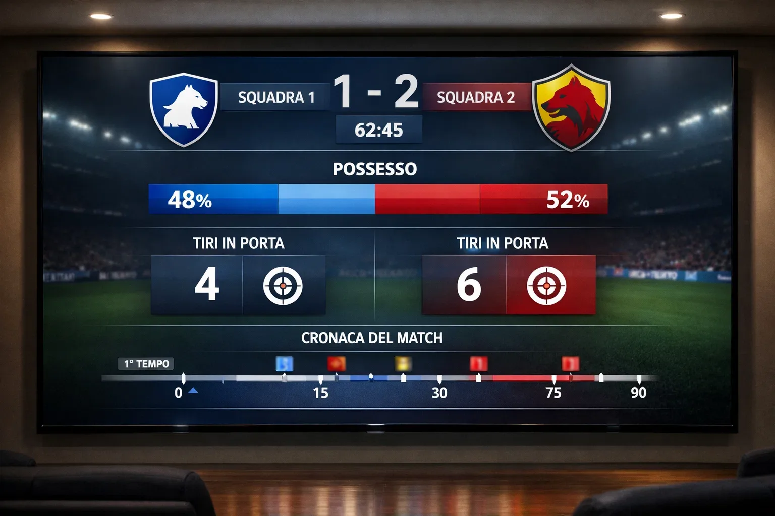 Schermo mostra statistiche di una partita di calcio in corso