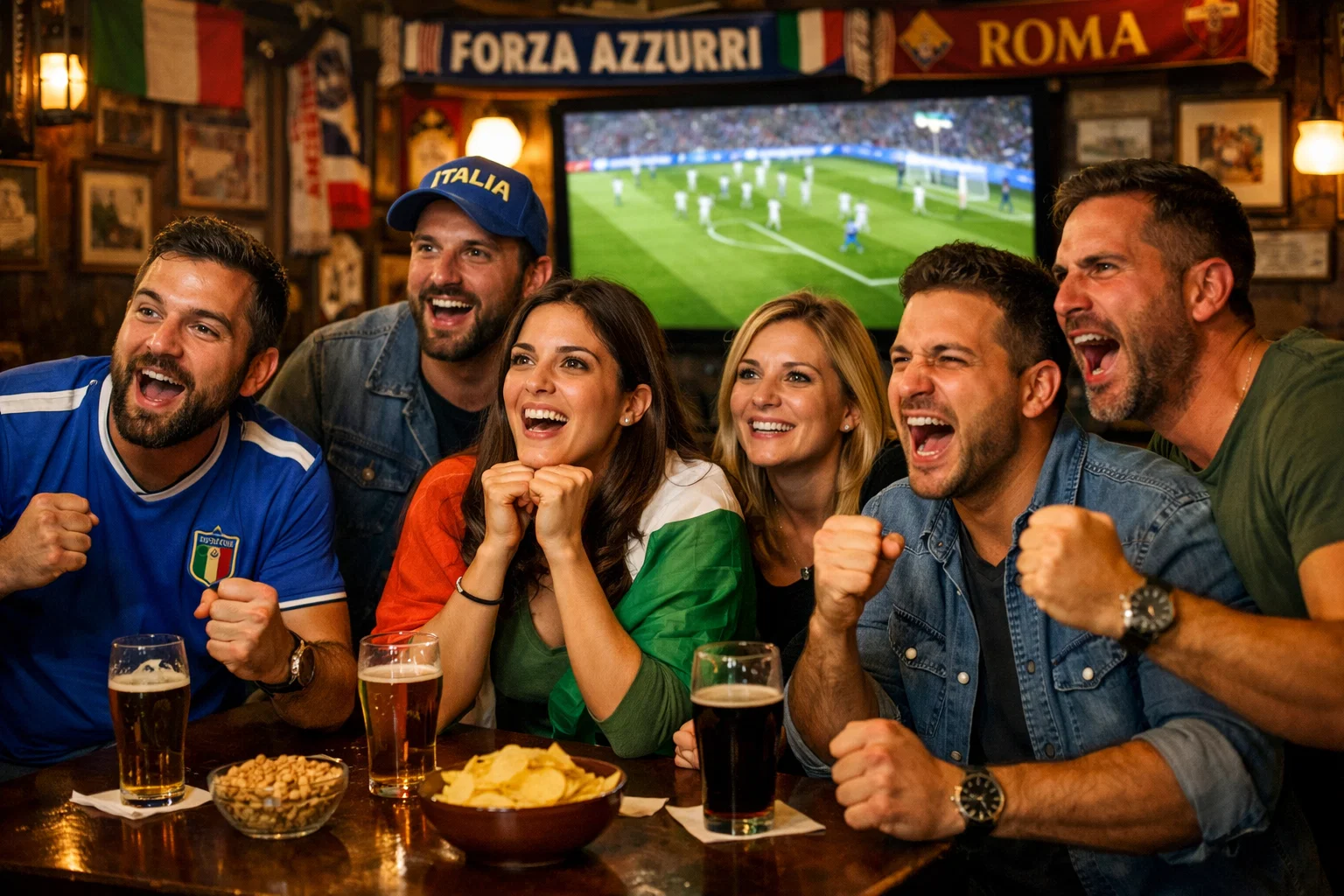 Tifosi che guardano una partita di calcio in un bar sportivo