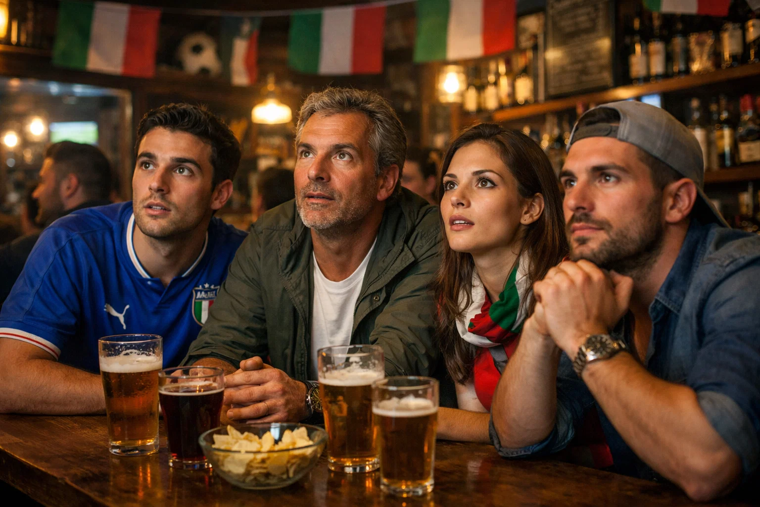 Tifosi concentrati guardano partita di calcio al bar