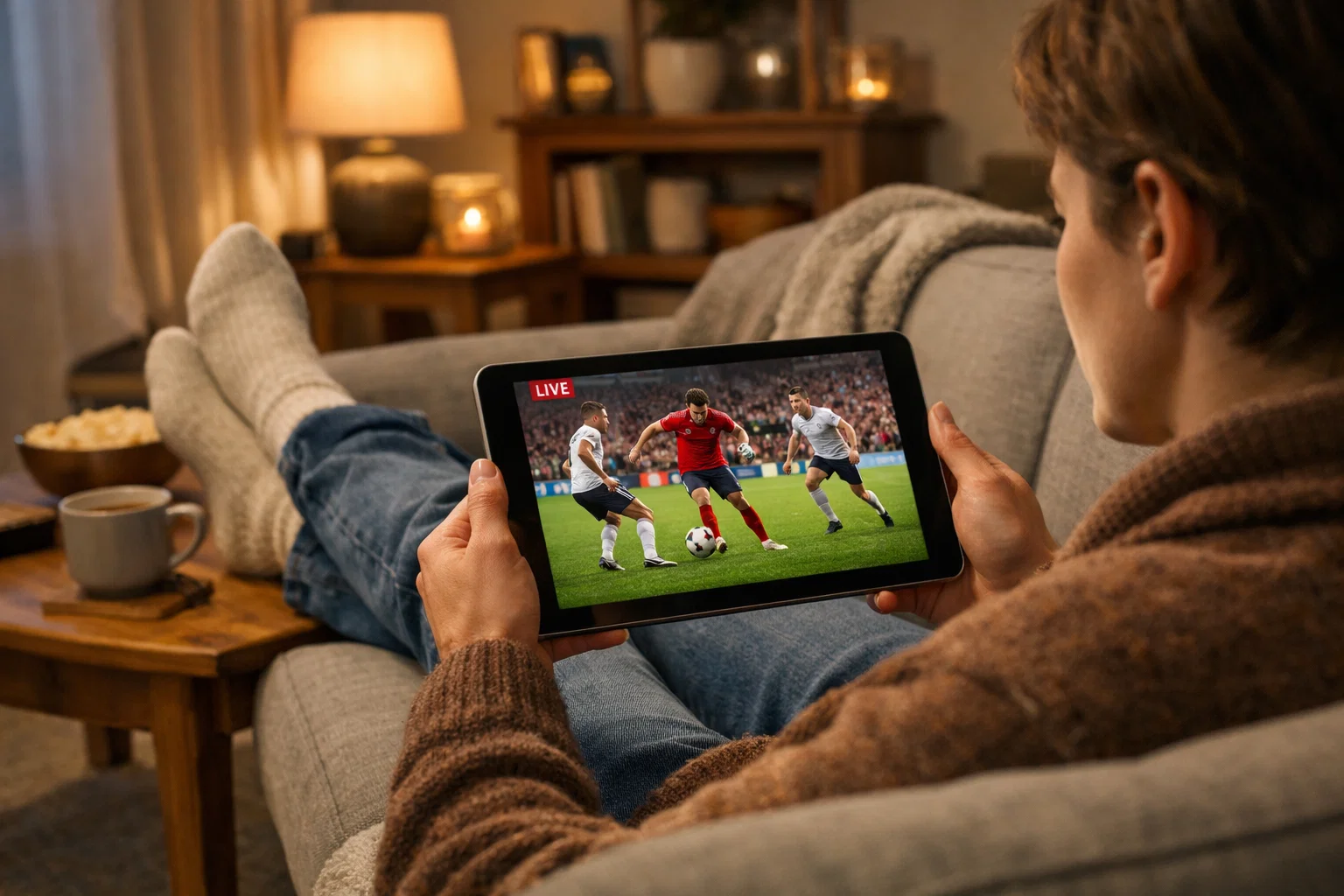 Persona guarda partita di calcio su tablet a casa