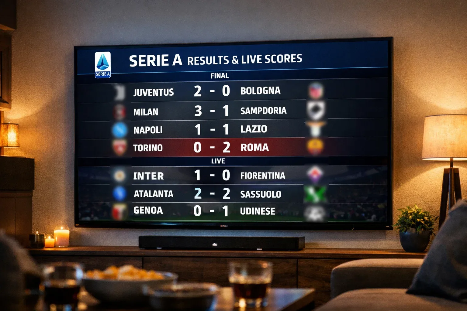 Schermo con risultati partite di Serie A e Champions League